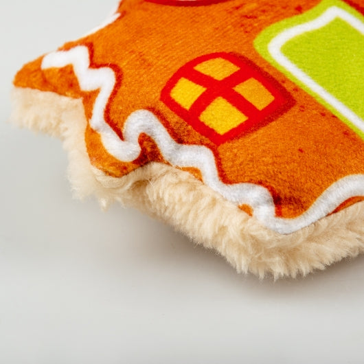 Weihnachts-Spielset Katze – Nahaufnahme Lebkuchenhaus mit Plüschrand