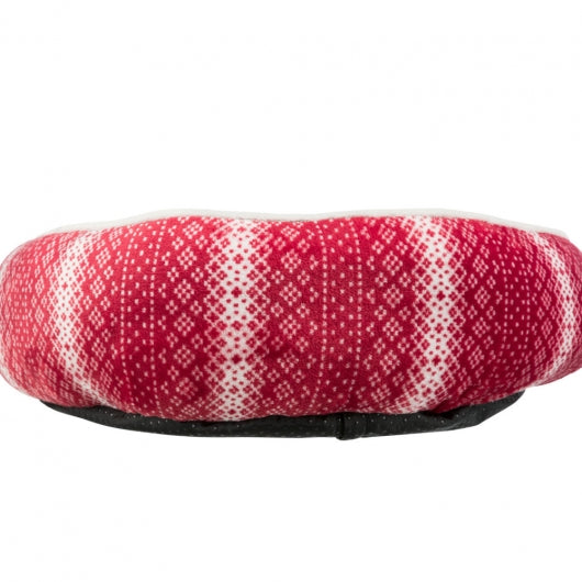 Rotes Kuschelbett mit Vliesfüllung und weihnachtlichem Muster, Durchmesser 50 cm.