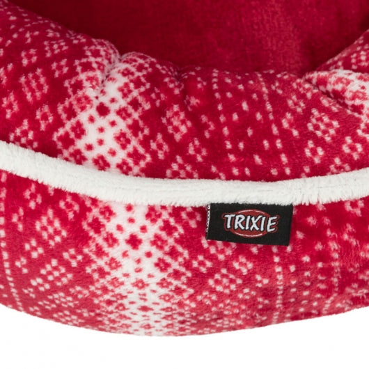 Rundes rotes Kuschelbett Trixie Lumi mit weihnachtlichem Muster.