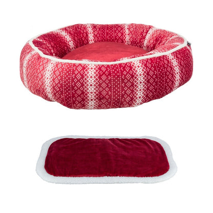 Weihnachts-Kuschelset Lumi: rotes Kuschelbett mit Norweger-Muster und passende rote Liegematte mit weißem Rand