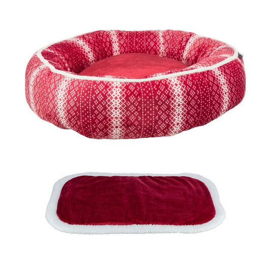 Weihnachts-Kuschelset Lumi: rotes Kuschelbett mit Norweger-Muster und passende rote Liegematte mit weißem Rand