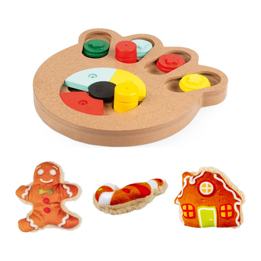 Weihnachts-Spielset Katze – Snack-Puzzle Pfote mit Catnip-Lebkuchenmann, Zuckerstange und Lebkuchenhaus